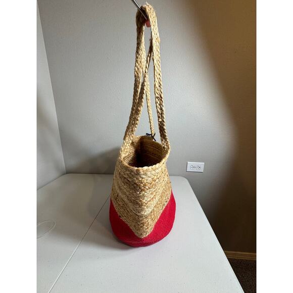 Chloe & Lex tote bag natural jute & red cotton large shoulder bag beach pool NEW - Picture 5 of 9